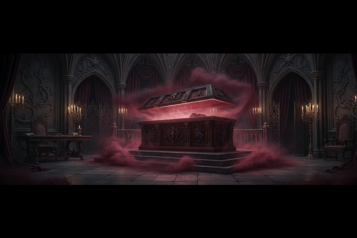 A realistic cinematic full-width banner — dark, elegant, gothic, and luxurious — depicting Dracula’s chamber at the moment his coffin begins to open. The atmosphere should be filled with crimson mist, candlelight reflections, and gothic architecture such as stone walls, arches, and velvet drapes. The coffin, placed at the center or slightly offset, should be partially open, with a faint red glow emanating from inside, symbolizing awakening and rebirth. The surrounding room should feature ornate details.

